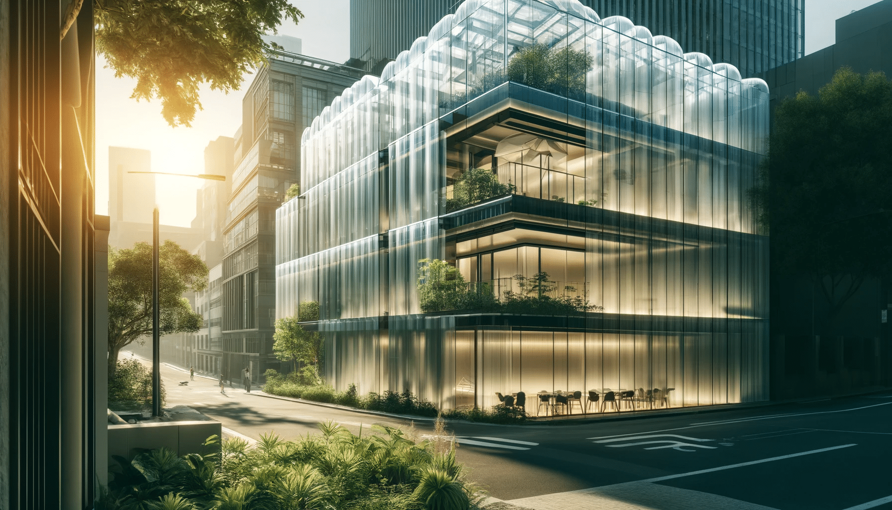 Fachada arquitectónica moderna con uso innovador de policarbonatos en la renovación de edificios, resaltando grandes paneles curvados que permiten el paso de luz natural, rodeada de plantas verdes para un diseño ecológico. | Acrilfrasa.