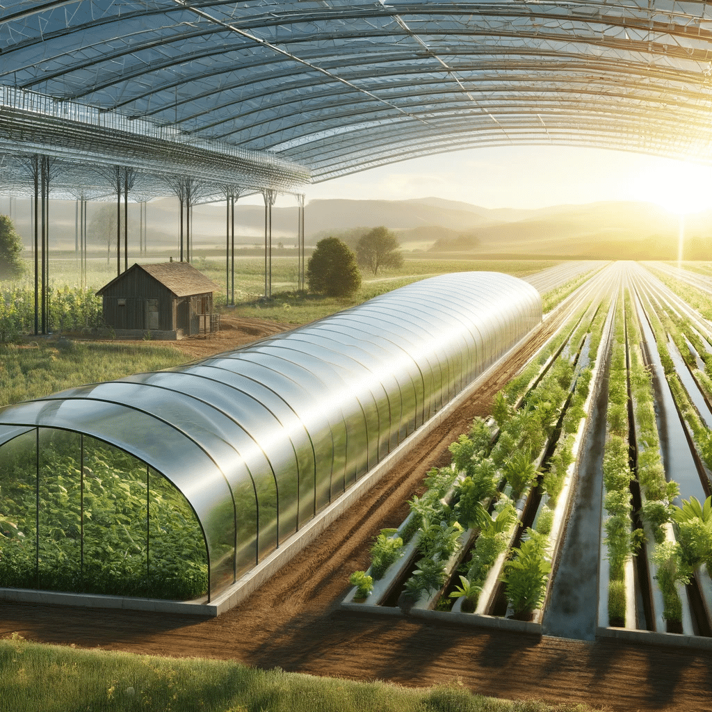 Campo con techo, placas y túneles de placa de policarbonato. Rayos UV en cosecha, transmisión en cubierta de placas. | Acrilfrasa.