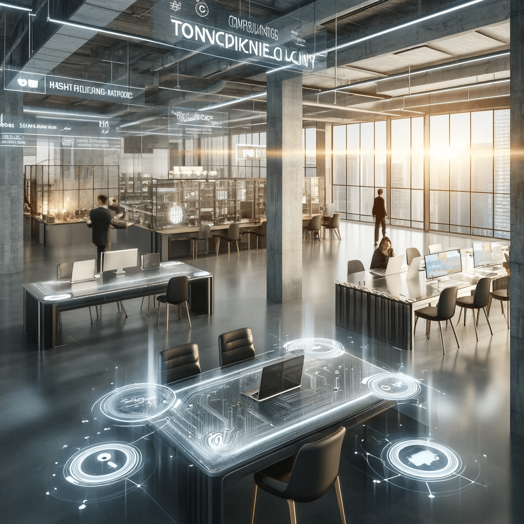 Coworking futurista con tecnología integrada. Espacios oficinas empresas espacios de trabajo empleados diseño áreas salas elementos | Acrilfrasa