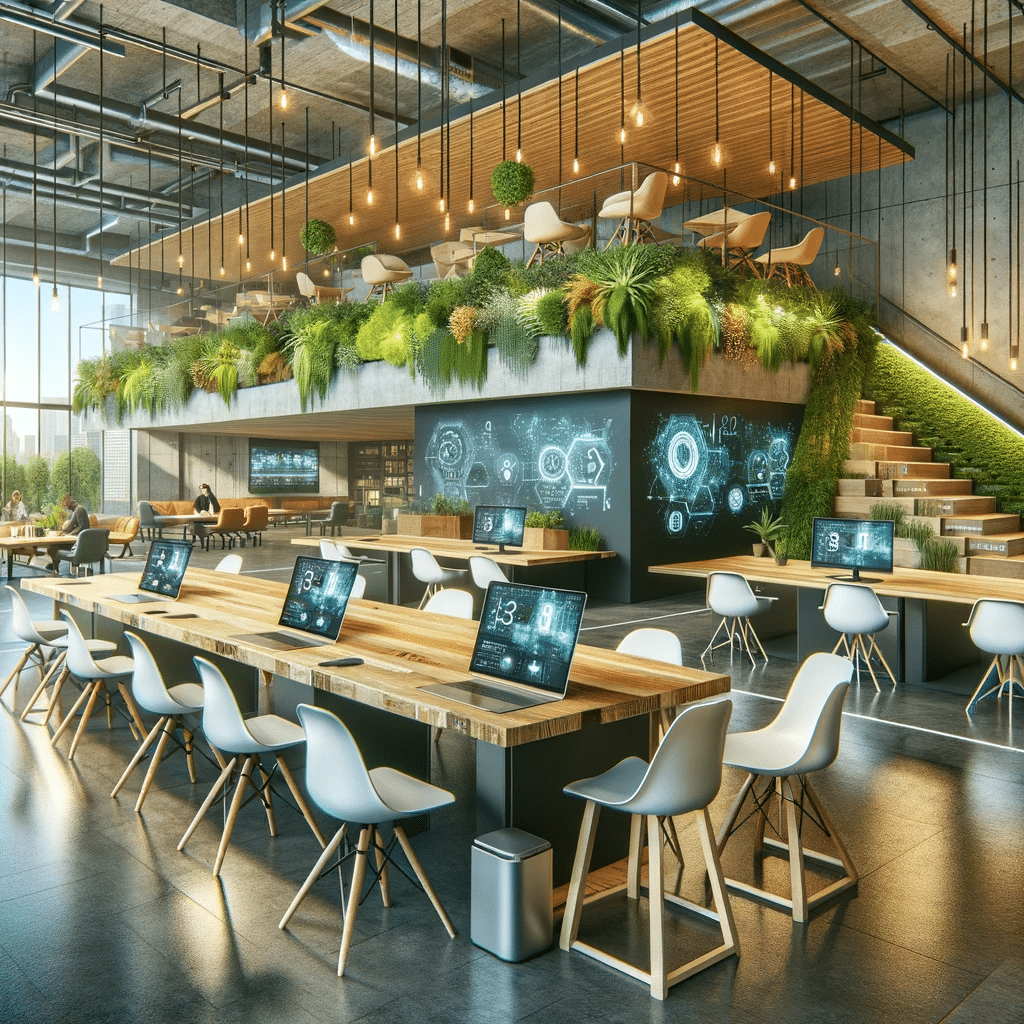 Coworking moderno con tecnología integrada. Espacios oficinas empresas espacios de trabajo empleados diseño áreas zonas sectores modelos salas elementos | Acrilfrasa