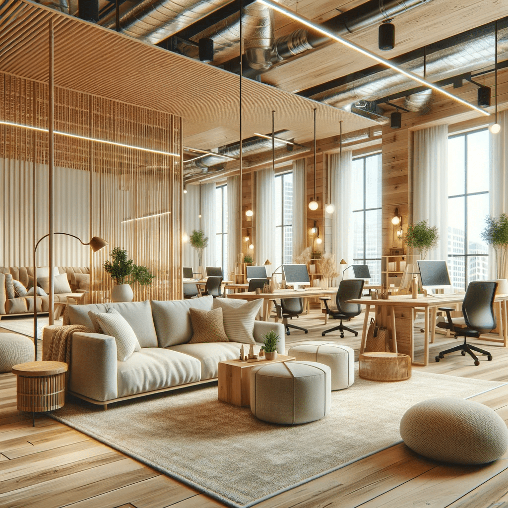 Espacio de coworking acogedor y moderno. Personas modelos profesionales comparación distanciamiento elementos razón necesidad color dinámicas vida entornos interiores mercado vez | Acrilfrasa