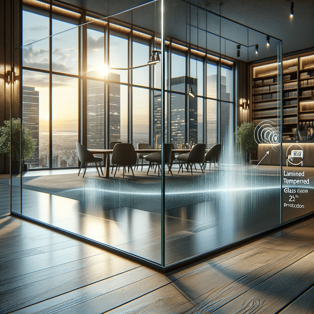 Oficina con ventanas de vidrio laminado. Resina de color en industria de vidrios en contra de la luz solar. | Acrilfrasa