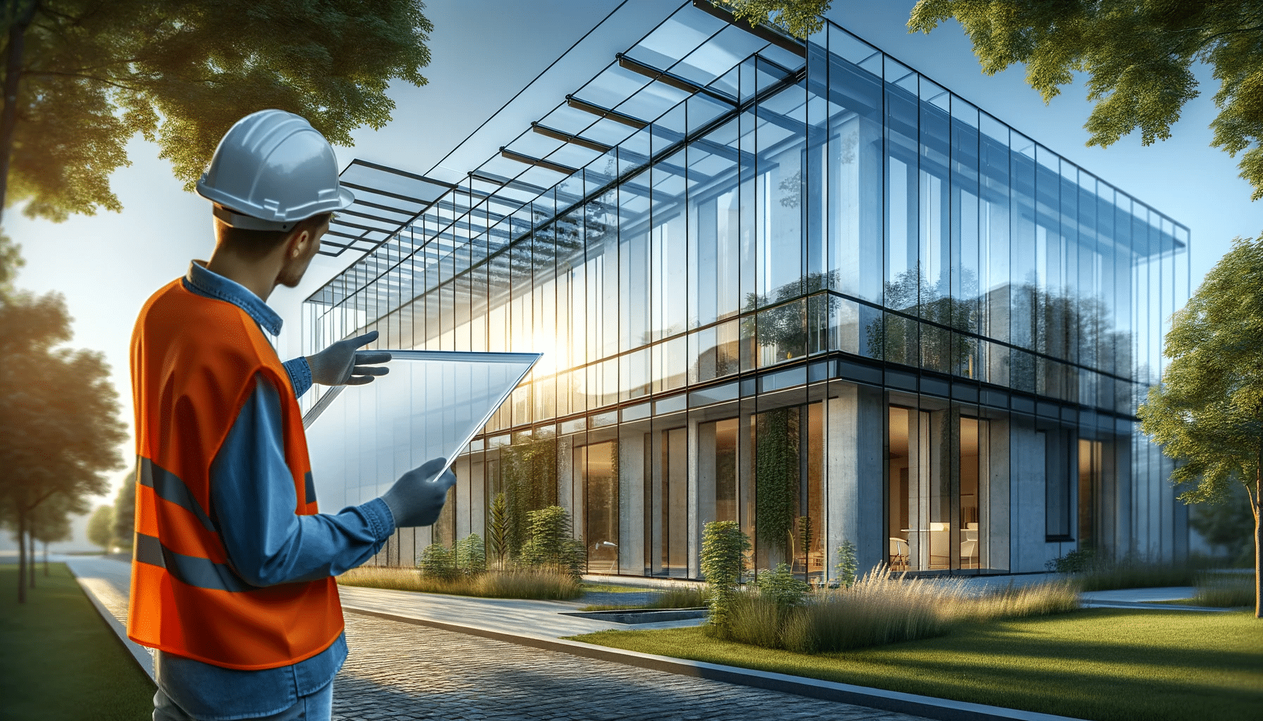 Sitio de renovación arquitectónica con profesional inspeccionando policarbonato. Cubierta ventajas razones vidrio impacto arquitecctura materiales transmisión | Acrilfrasa.