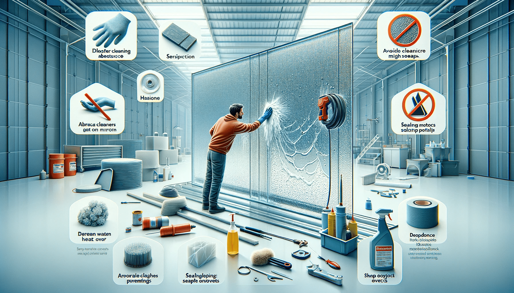 Limpieza y mantenimiento con herramientas adecuadas. Arquitectura de pared y estructura de plásticos. | Acrilfrasa