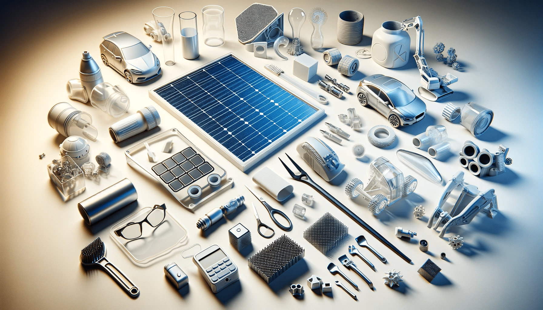 Objetos de policarbonatos en varios contextos industriales, incluyendo lámina, gafas de seguridad, panel solar y componentes de automóvil, con símbolo de reciclaje | Acrilfrasa