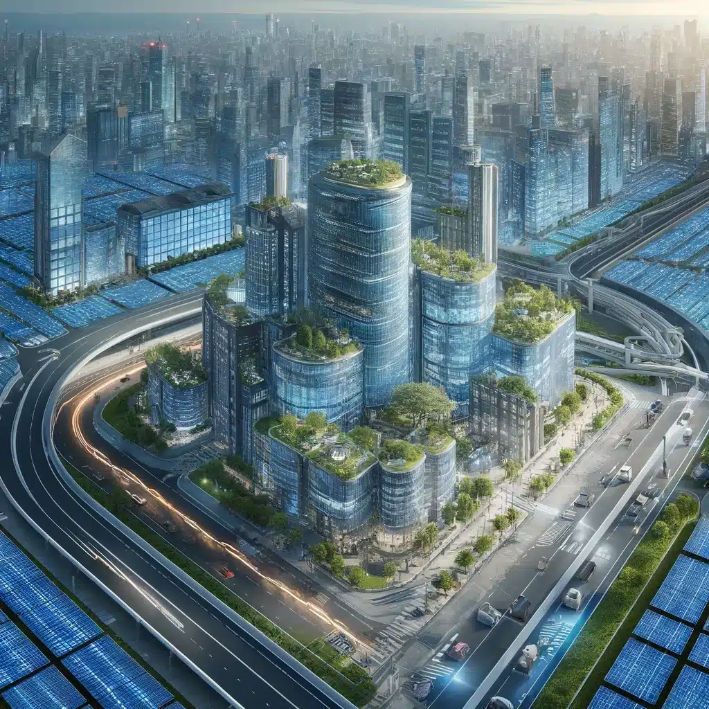 Ciudad futurista con edificaciones usando policarbonatos celular y paneles solares | Acrilfrasa.
