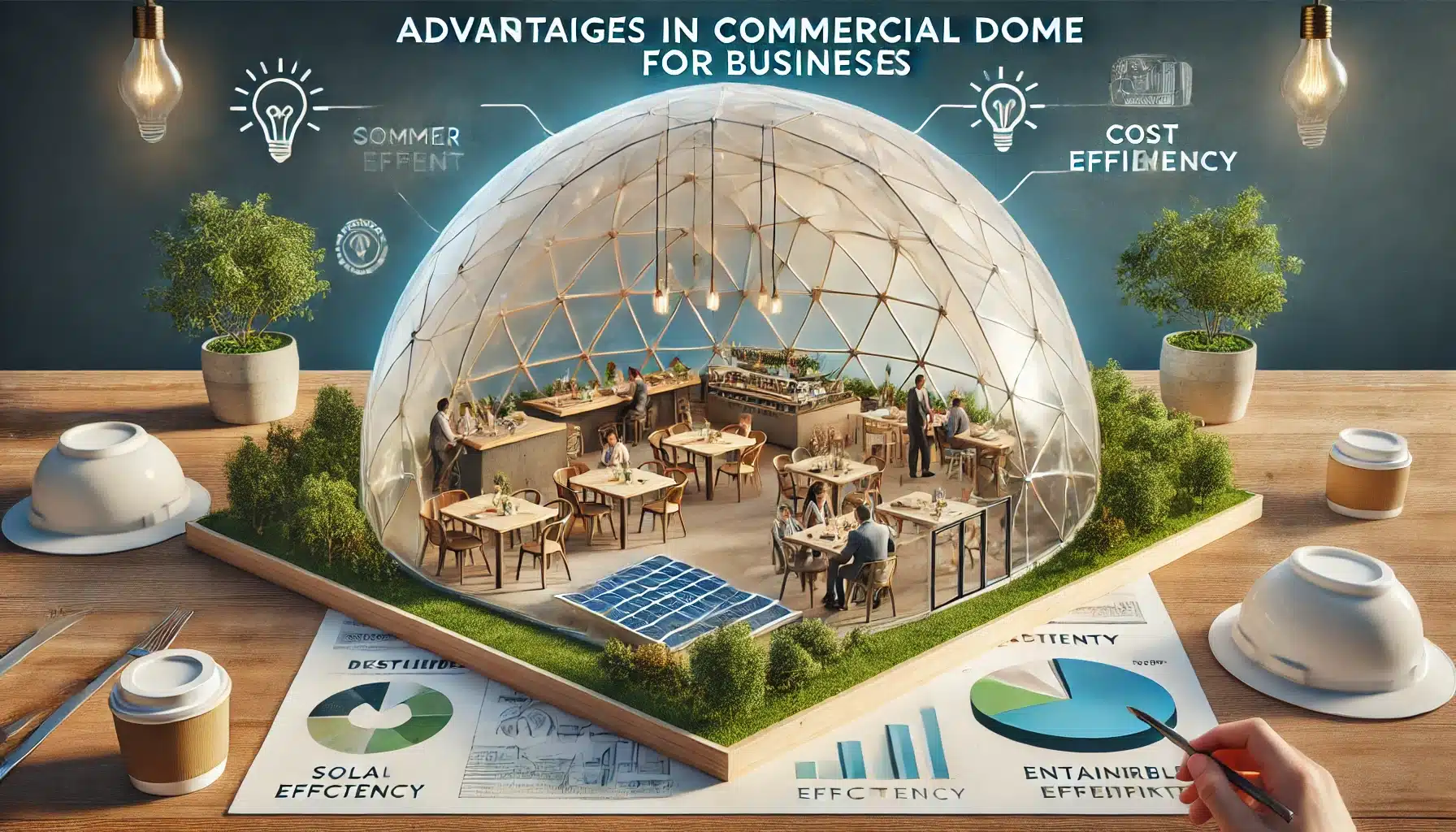 Domo comercial usado como restaurante con paneles solares y ambiente ecológico. Aluminio con capacidad de vidrio templado en acrílico y barandales | Acrilfrasa