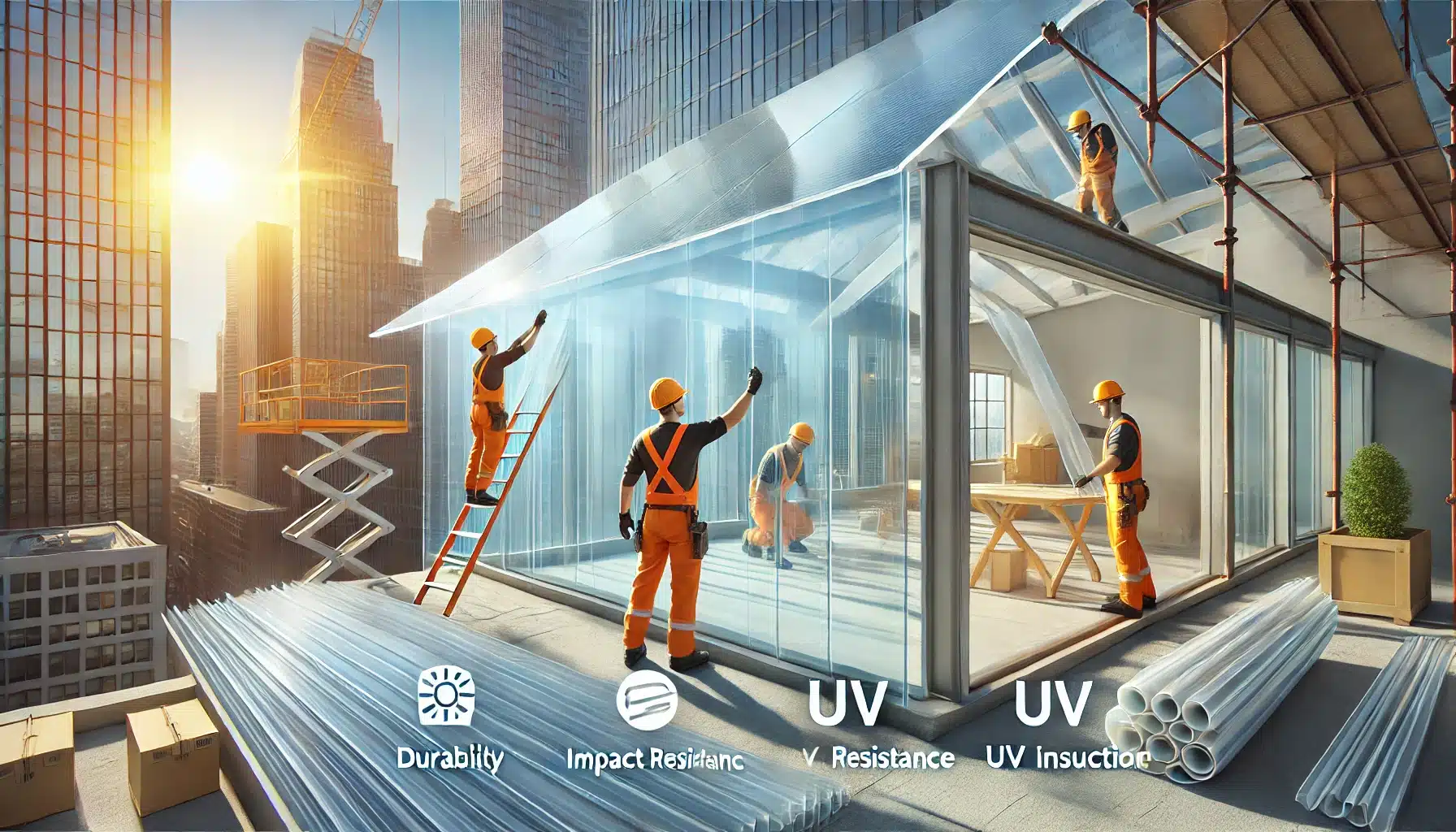Trabajadores instalando lámina de policarbonatos en un edificio, mostrando su durabilidad. Adapta tu oficina con láminas de policarbonato protección y estilo | Acrilfrasa