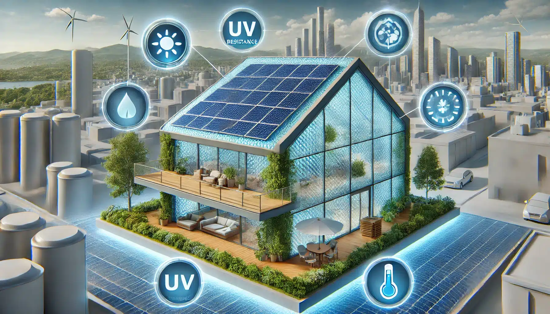 Edificio con policarbonato celular y paneles solares, mostrando tendencias futuras en eficiencia. | Acrilfrasa