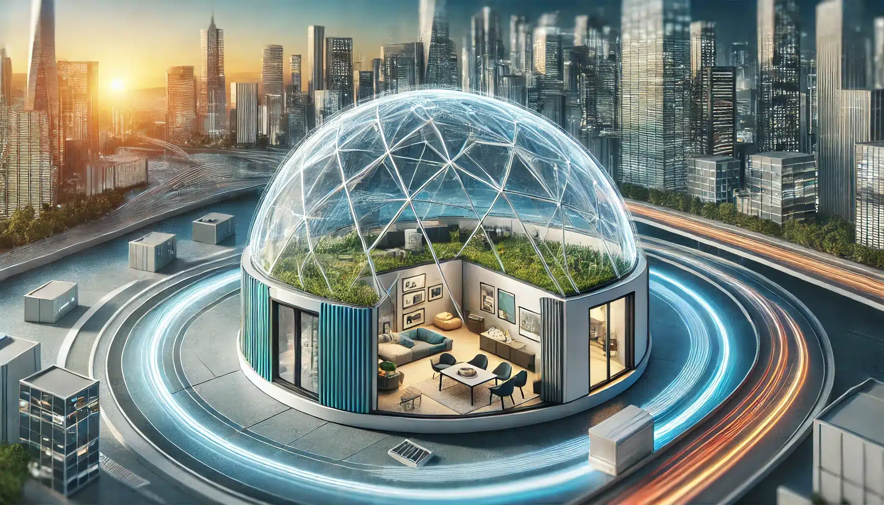 Domo comercial moderno en entorno urbano con paneles solares y paredes verdes. Industria en canceles de modelo de cristal | Acrilfrasa