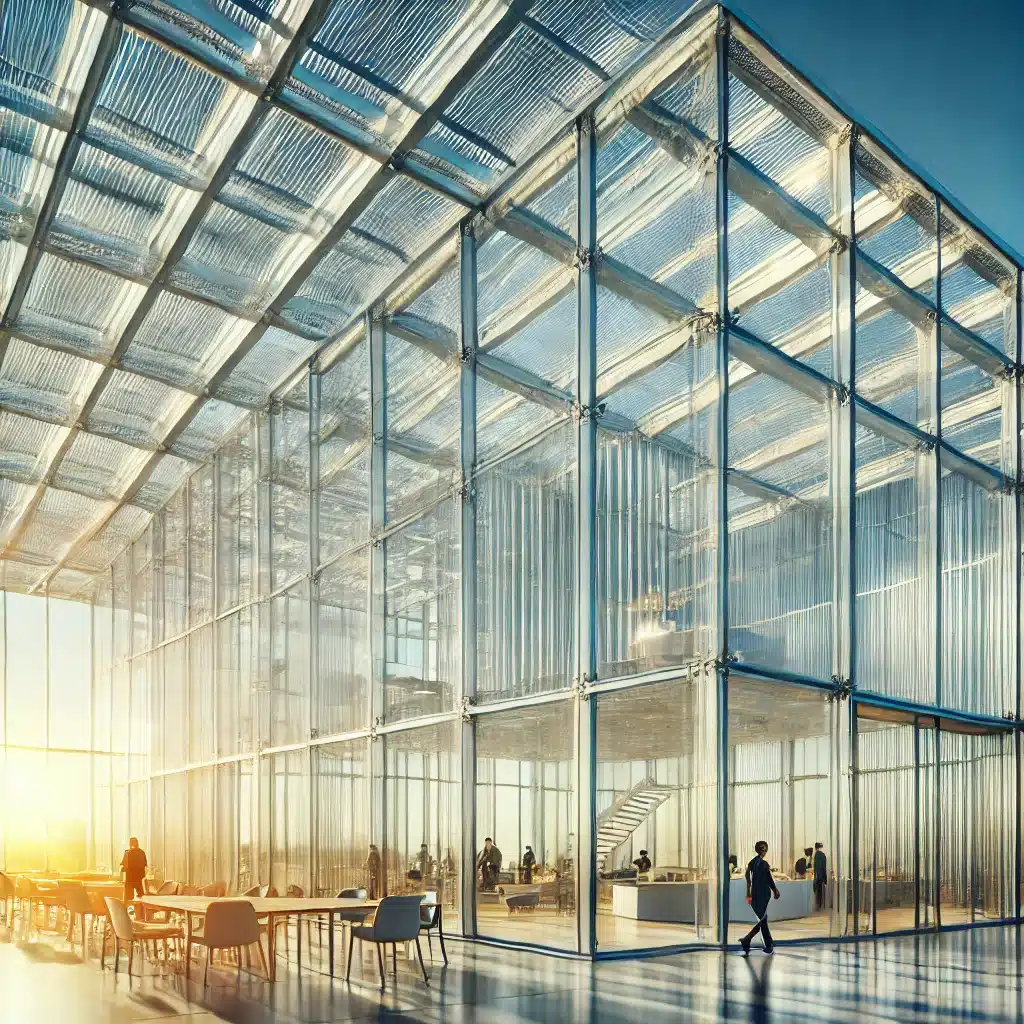Edificio moderno con paneles de policarbonato celular, iluminado por luz natural. | Acrilfrasa