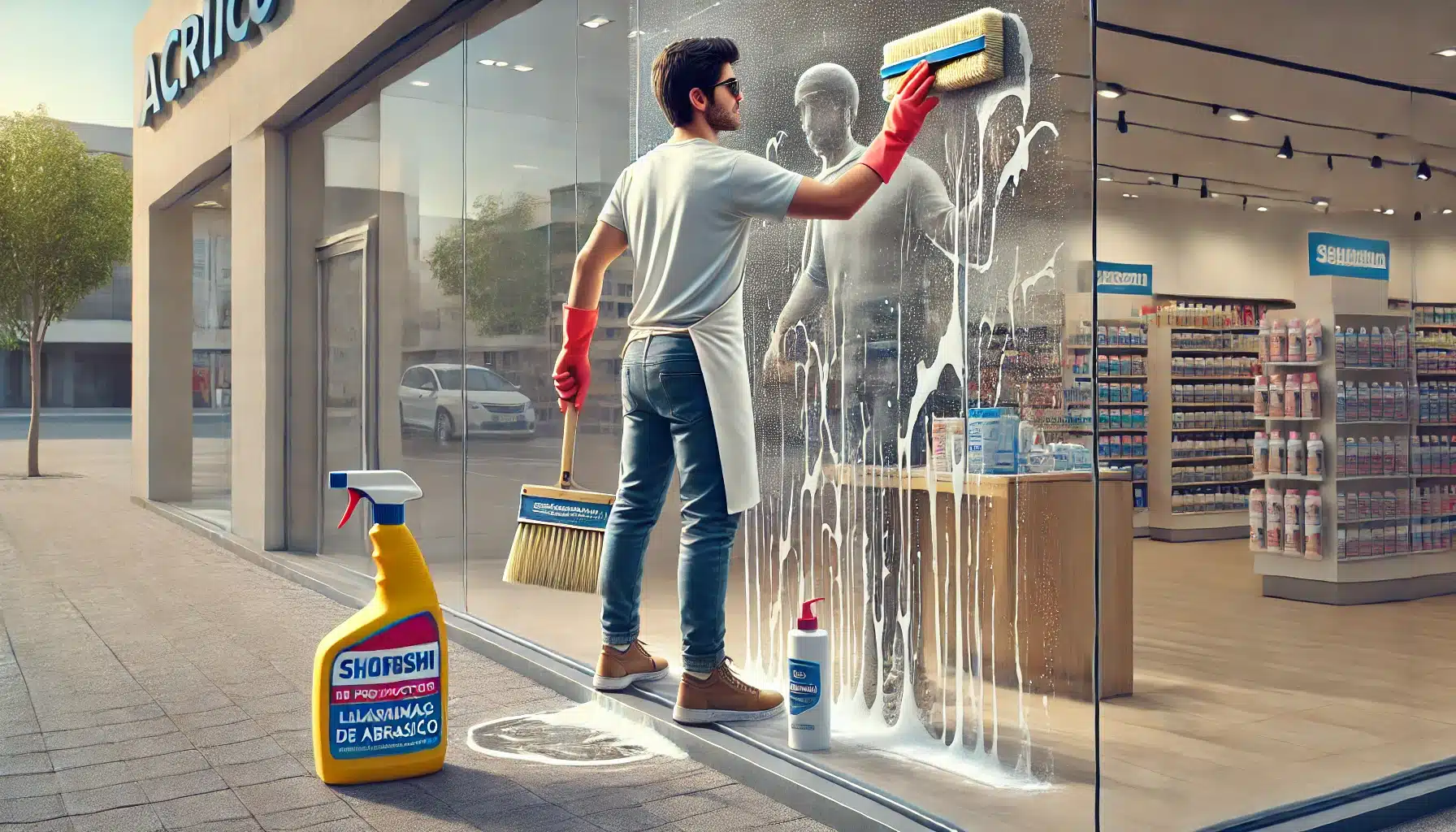 Limpieza de láminas de acrílico con paño de microfibra y limpiador no abrasivo. Instalaciones de distanciamiento social con letreros y cintas | Acrilfrasa