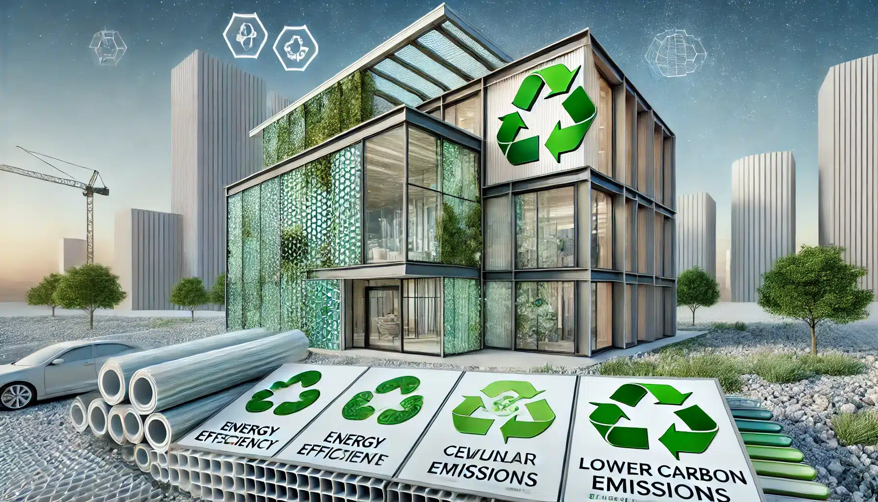 Edificio con paneles de policarbonato celular, símbolos de reciclaje y baja emisión de carbono. | Acrilfrasa