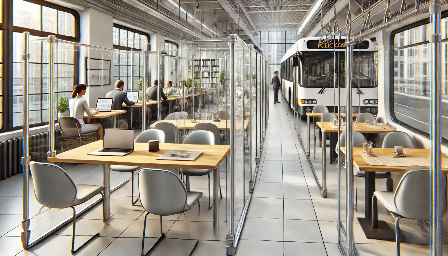 Oficinas, restaurante y autobús con barreras de policarbonato transparente. Protección de plástico y mascarillas en el medio ambiente con la pandemia. | Acrilfrasa