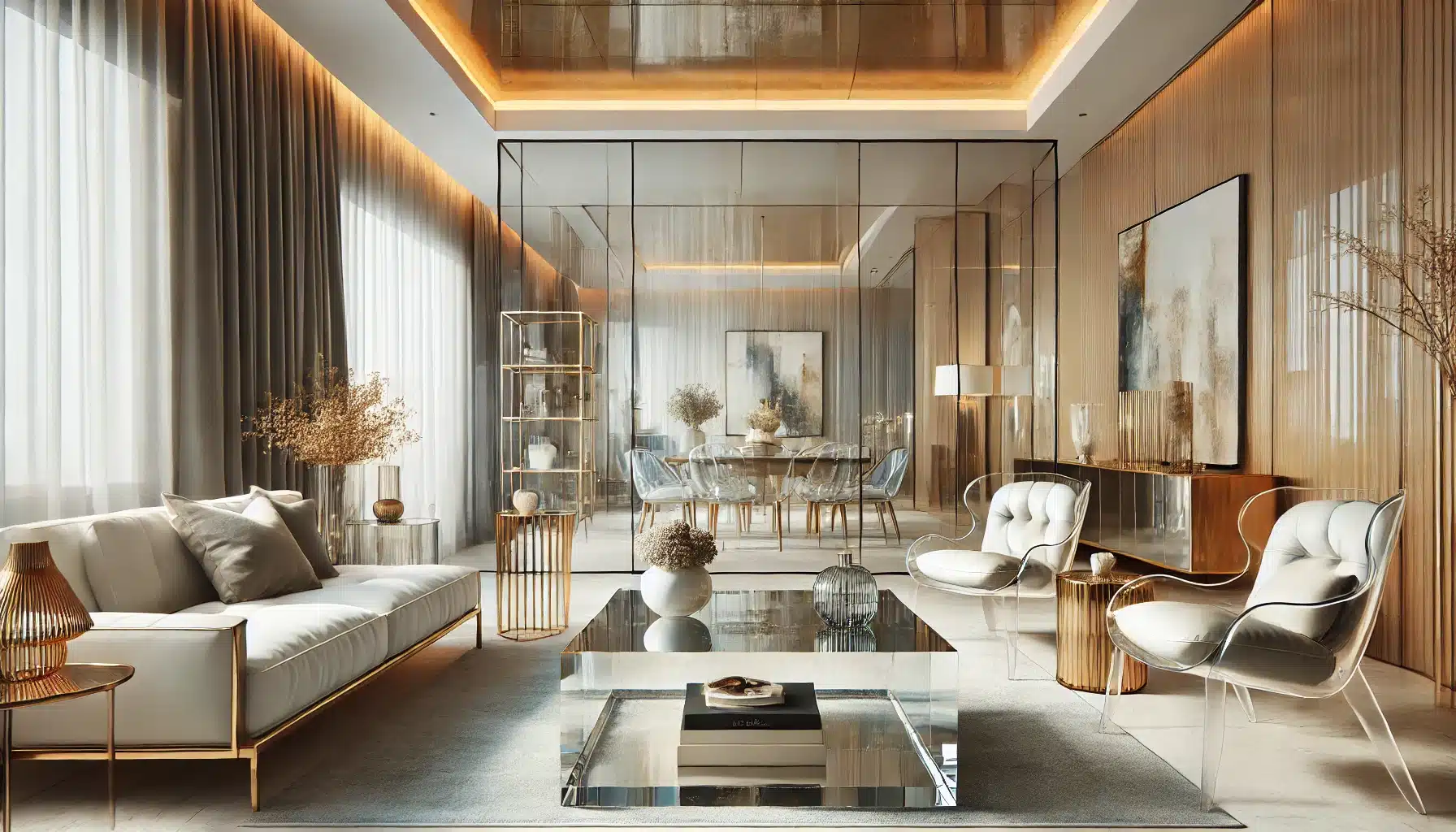 Sala moderna con paneles de pared, mesa de centro y sillas de láminas de acrílico. Innovación de calidad con rayos de vidrio en forma de plástico. | Acrilfrasa