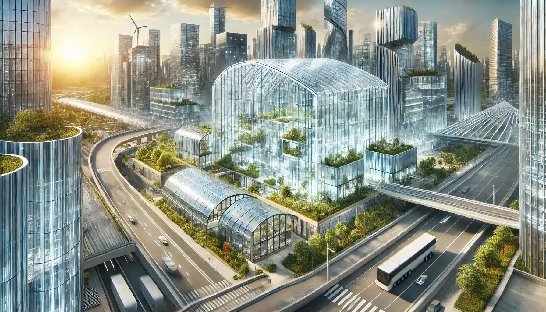 Edificio futurista con lámina de policarbonato en techos y fachadas, destacando sostenibilidad | Acrilfrasa