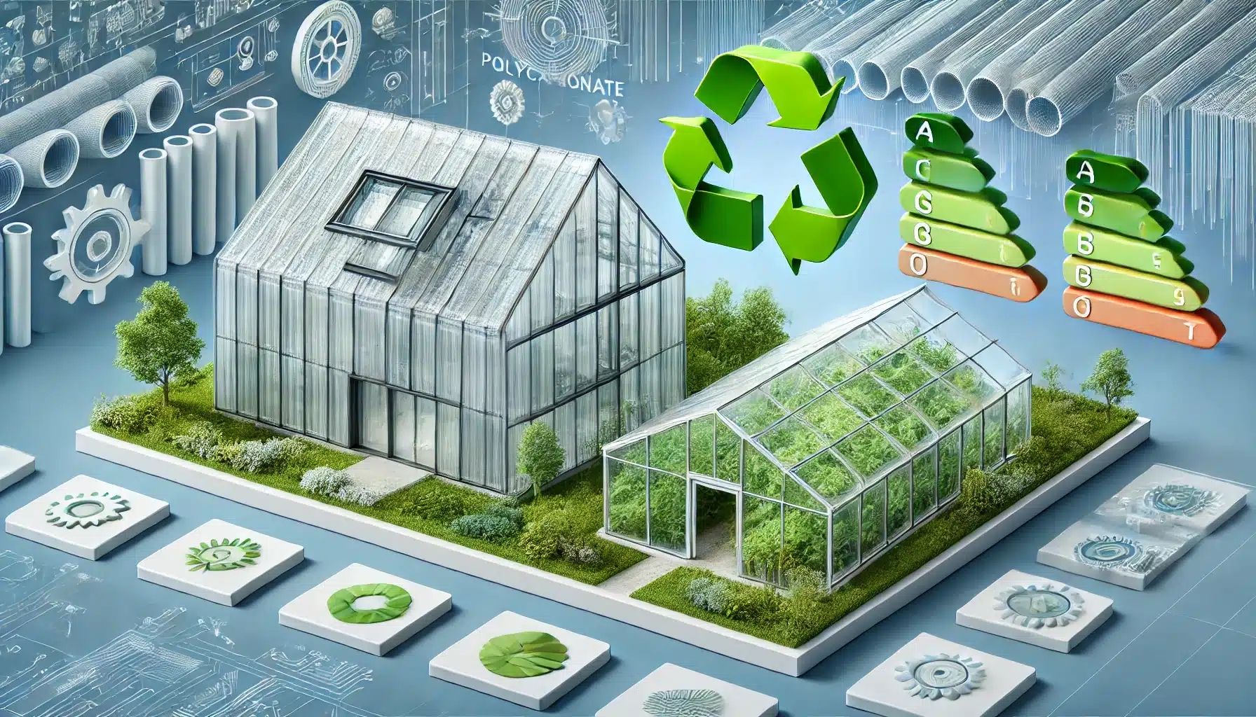Edificio y invernadero con techos de policarbonato celular, mostrando eficiencia energética. Placas huella de carbono material de construcción entrada de luz natural policarbonato es un material proyectos de construcción resistencia al impacto iluminación natural policarbonatos arquitectura radiación ultravioleta industria de la construcción elementos elemento luz solar | Acrilfrasa