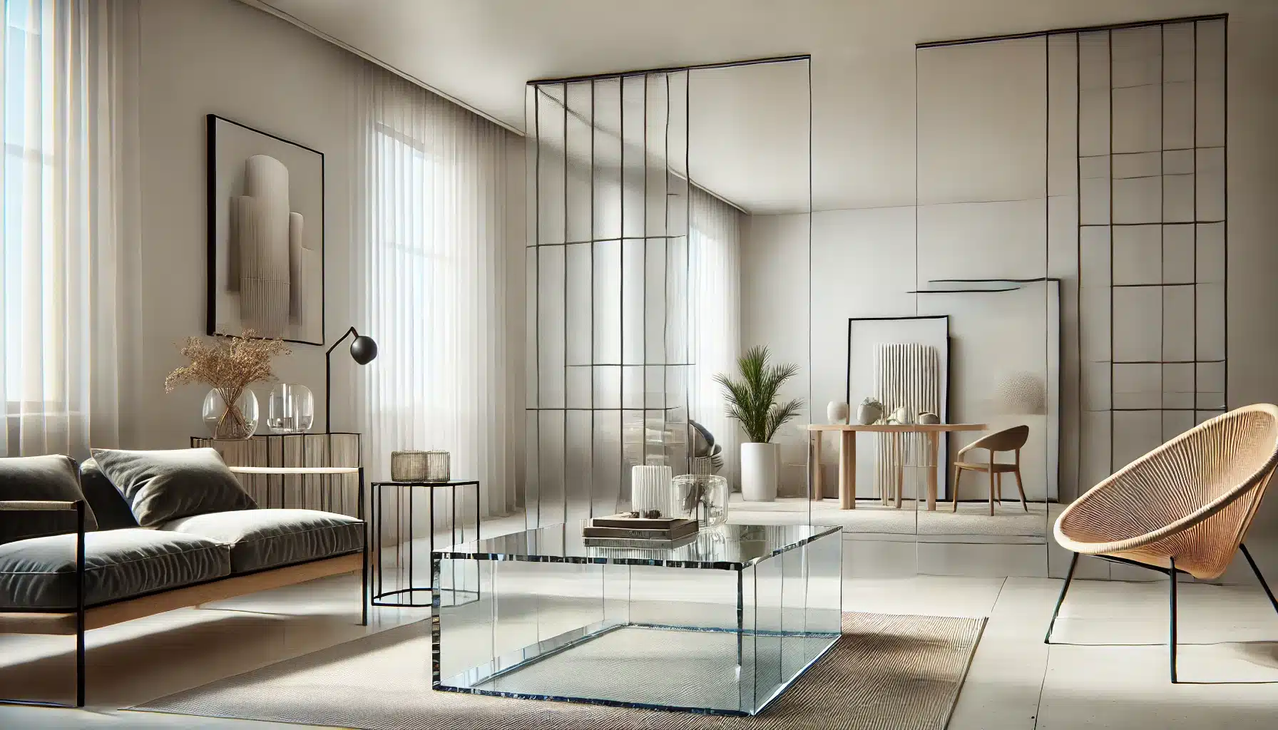 Sala moderna con mesa de centro y paneles decorativos de láminas de acrílico. Construcción de acrílicos colada en el mercado. | Acrilfrasa