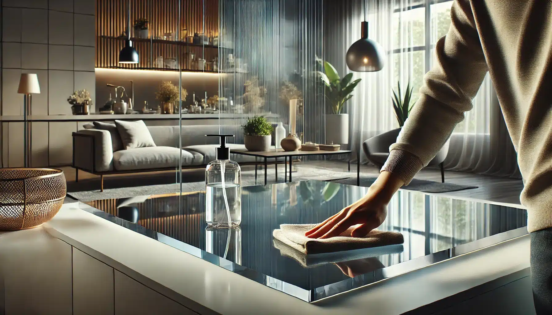 Persona limpiando lámina de acrílico con un paño suave y jabón en una sala moderna. Alternativa de fabricación con componentes | Acrilfrasa