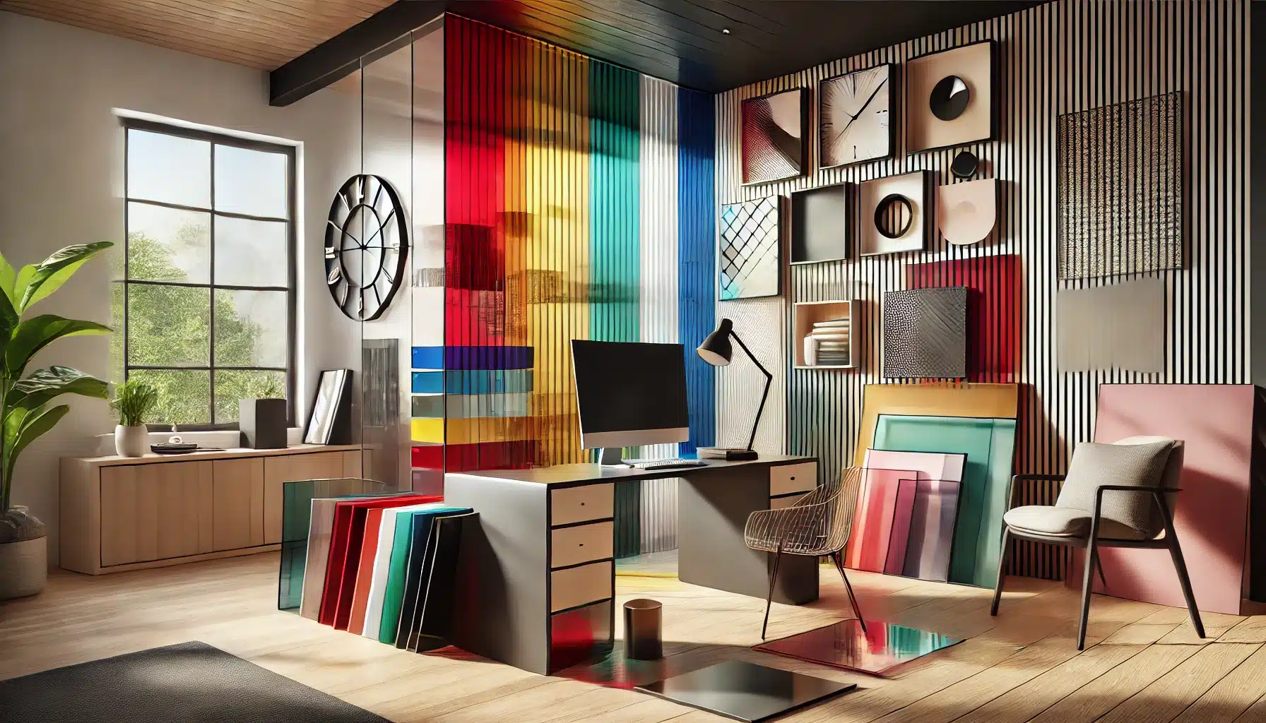Habitación moderna con escritorio y paneles decorativos de láminas de acrílico coloridas. Punto de vista de innovación de diseño en el proceso PMMA | Acrilfrasa
