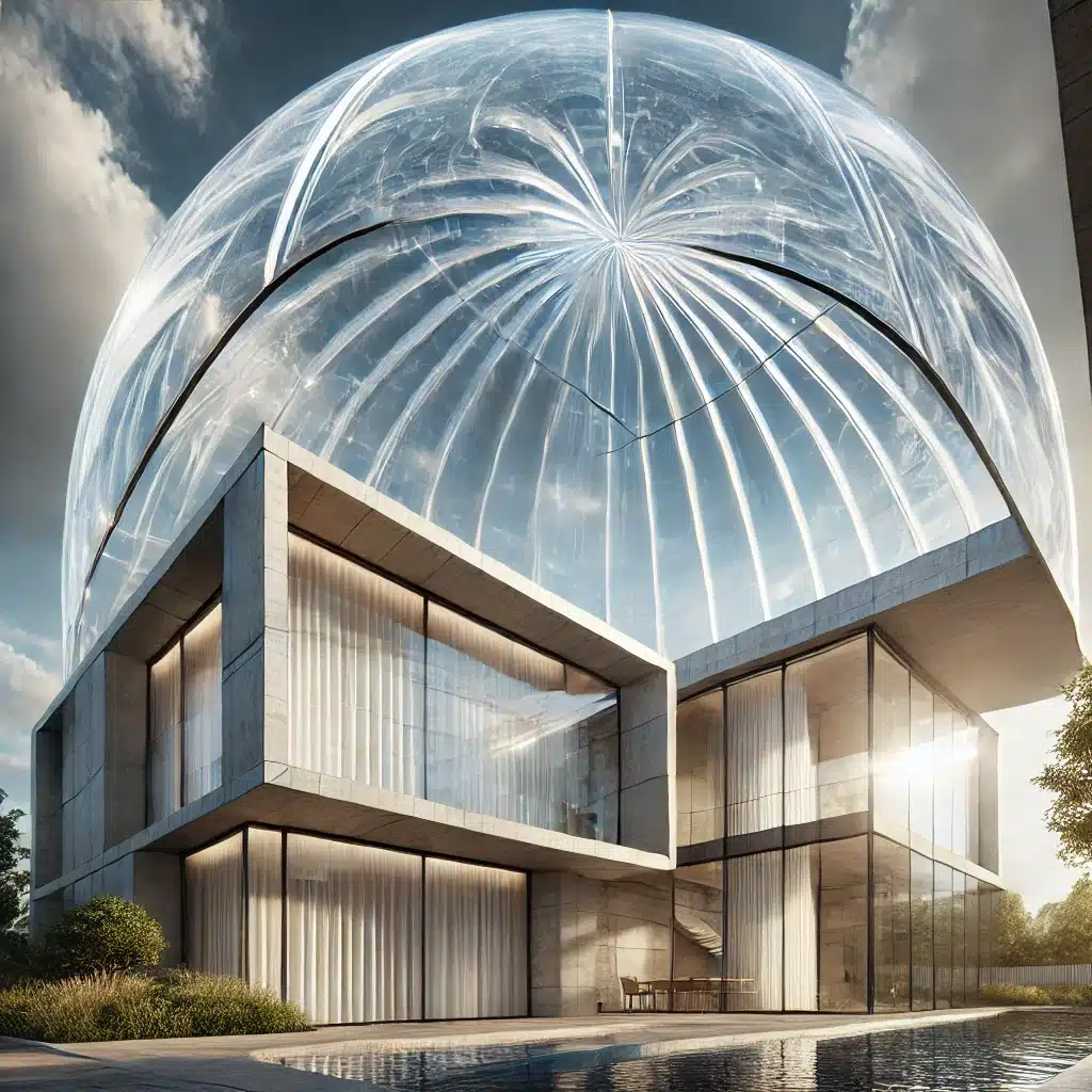 Edificio moderno con techo de cúpula acrílica permitiendo la entrada de luz natural. Construcción de techos de cristal con paneles de vidrio | Acrilfrasa