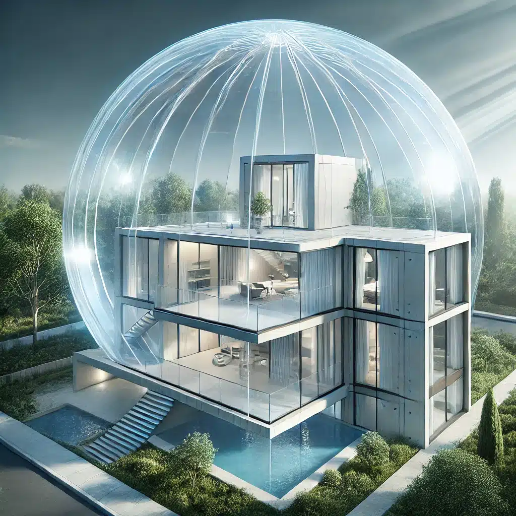 Edificio moderno con cúpula de policarbonato permitiendo la entrada de luz natural rodeado de vegetación. Solución de cúpulas en vistas del mundo | Acrilfrasa