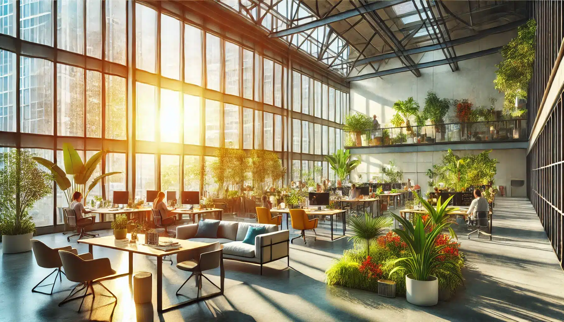 Oficina moderna y luminosa con luz natural, plantas y personas trabajando. Arquitectos con niveles de diseñadores | Acrilfrasa