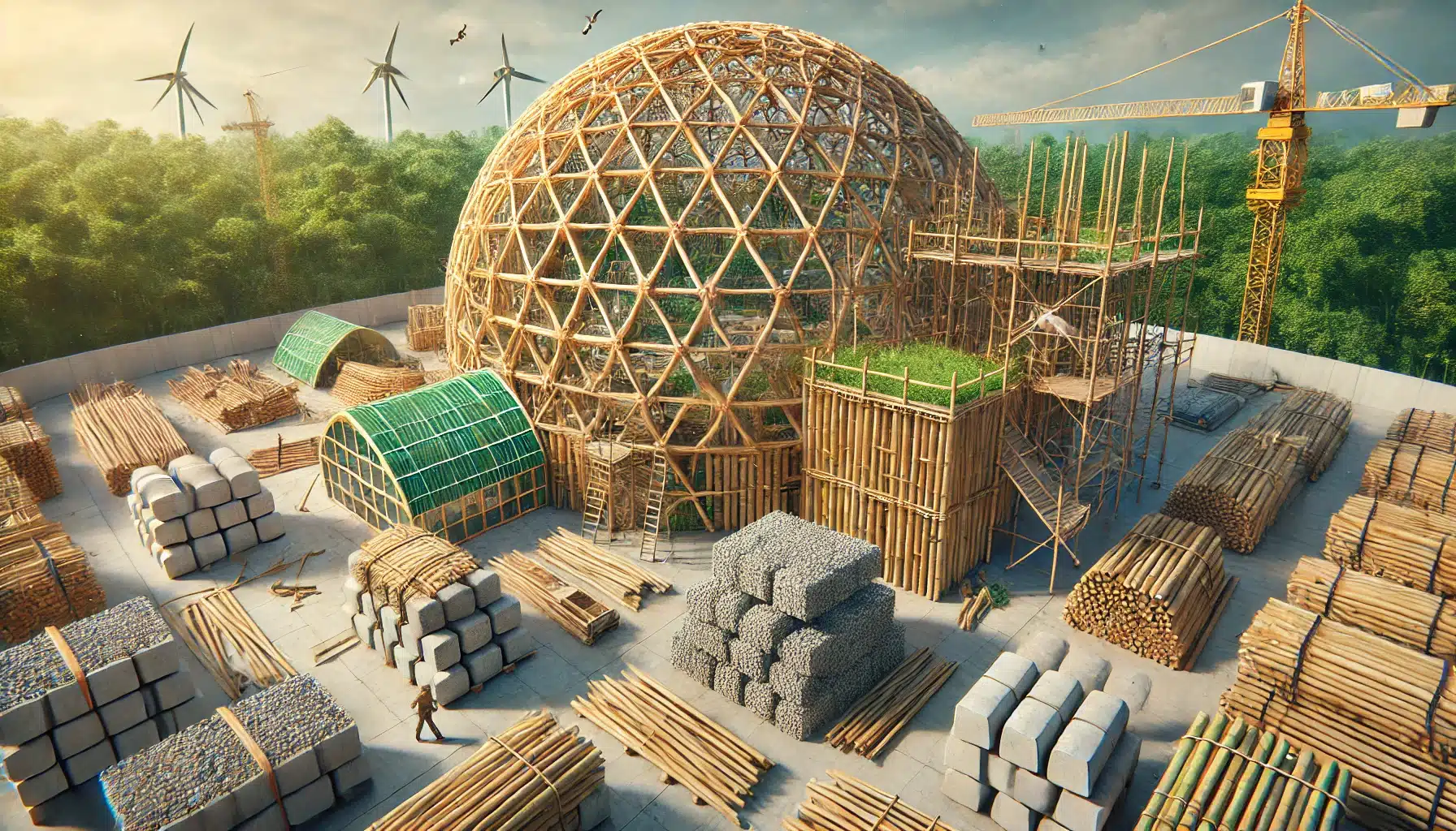Construcción de domo sostenible con bambú y hormigón reciclado en un entorno verde. Energía solar con posibilidades de versatilidad | Acrilfrasa
