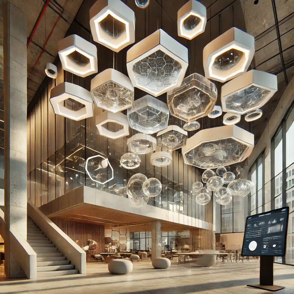 Interior moderno con techos de acrílico geométricos y luces LED controladas por app. | Acrilfrasa