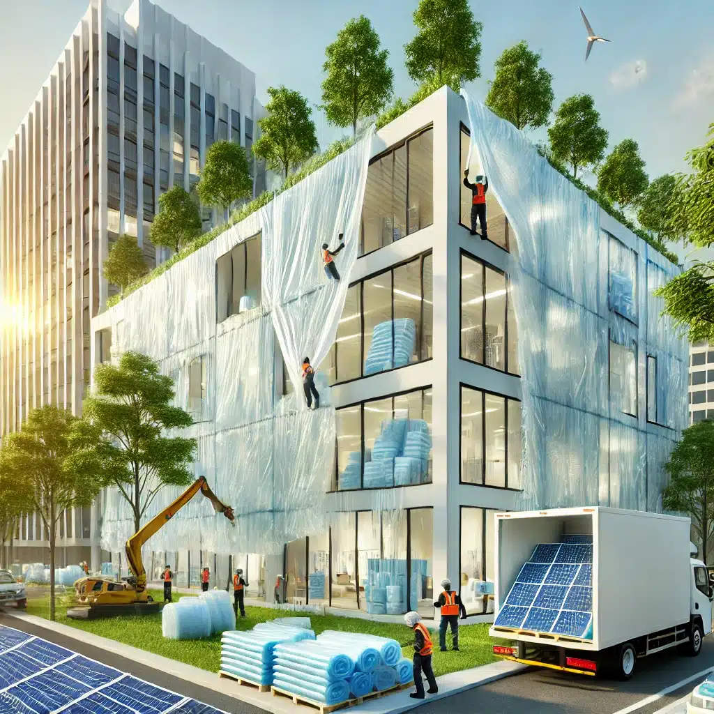 Edificio sostenible en construcción con láminas de residuos reciclado, árboles y paneles solares. Arquitectura de material de residuos sin basura | Acrilfrasa