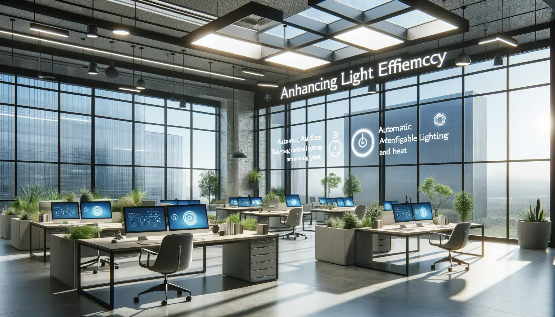 Oficina moderna con tecnologías para la eficiencia energéticas y luces natural. Sistema con aire acondicionado | Acrilfrasa