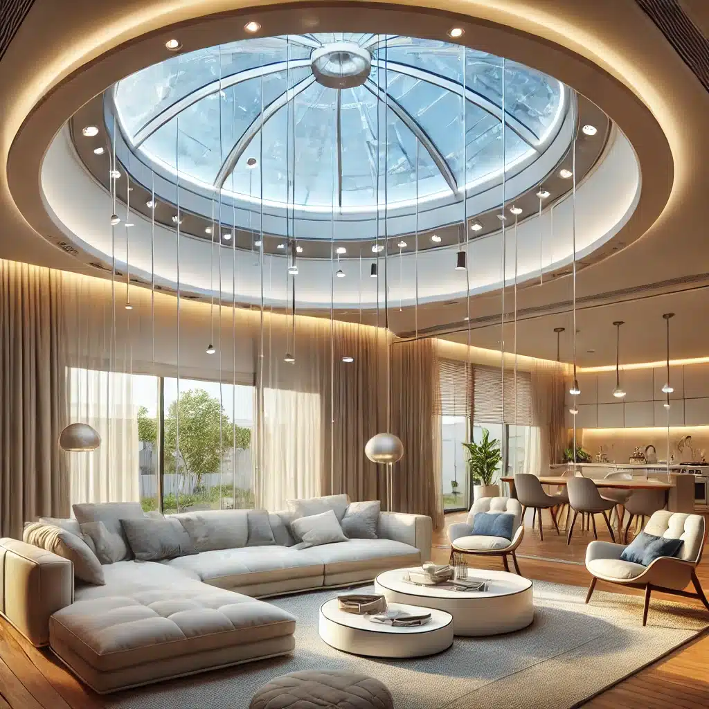 Sala de estar con domo de acrílico en el techo, decorado con cortinas ajustables. | Acrilfrasa