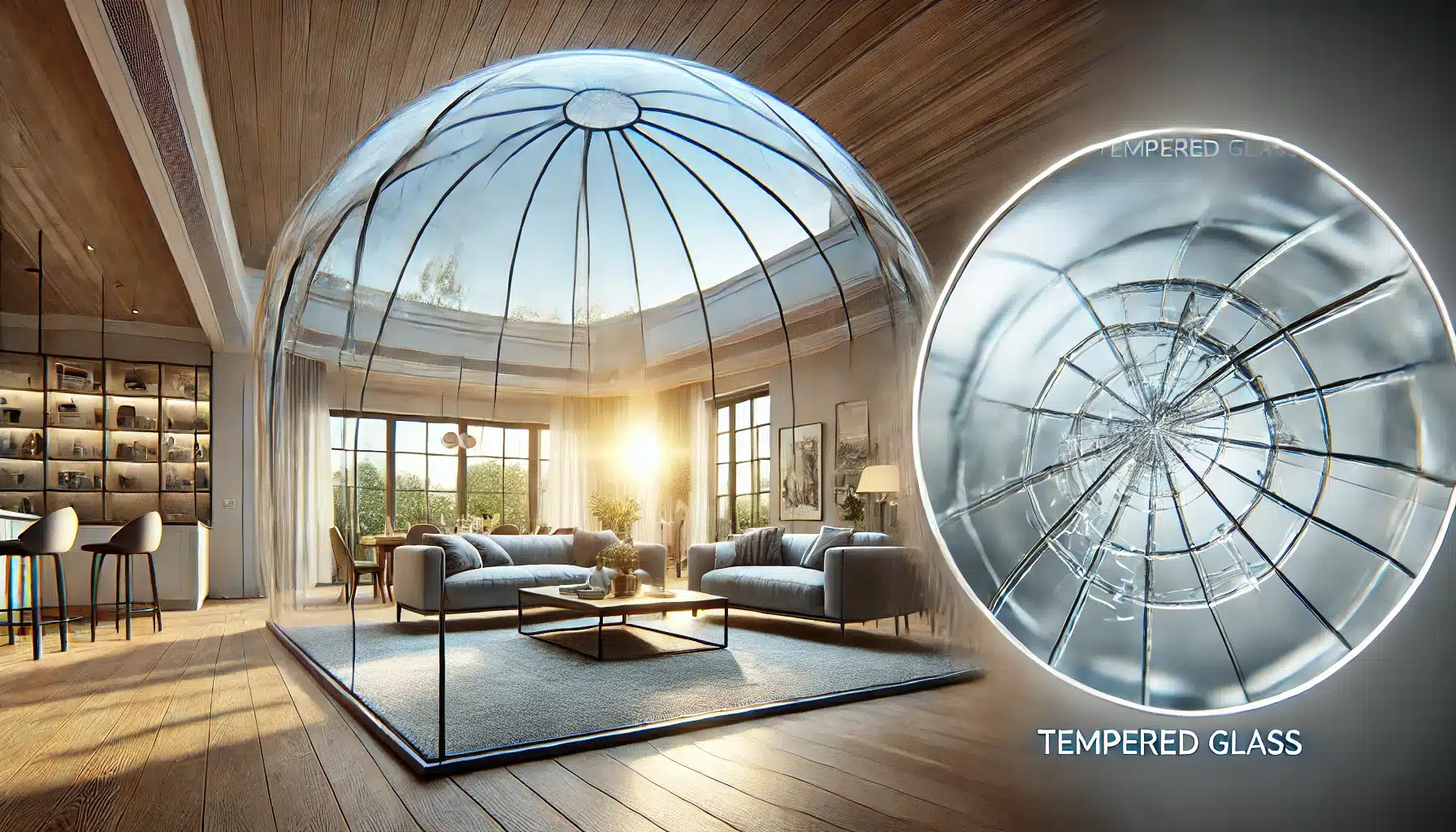 Domo de vidrio templado en hogar moderno con luz natural y diseño contemporáneo. Transmisión de material a través de rendimiento e innovación en empresa. | Acrilfrasa