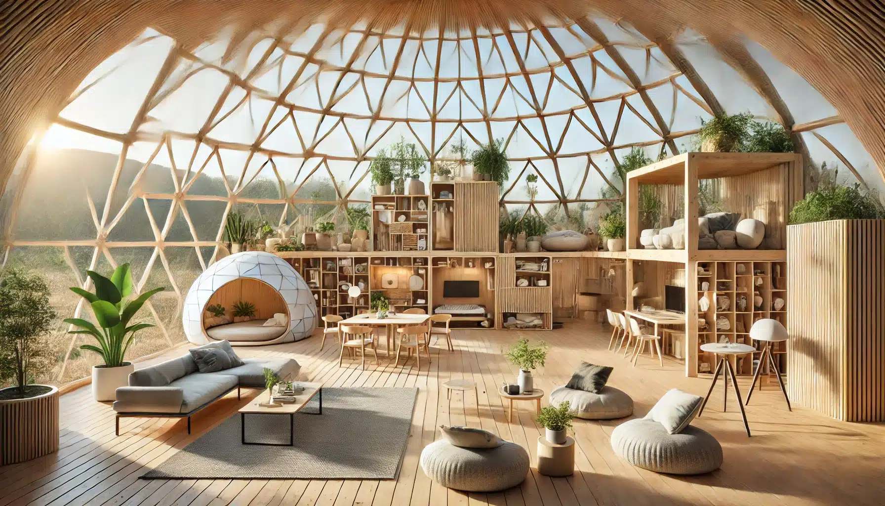 Interior de domo contemporáneo con diseño ergonómico y materiales naturales sostenibles. Instalación de cúpulas en caso de innovación para construcciones | Acrilfrasa