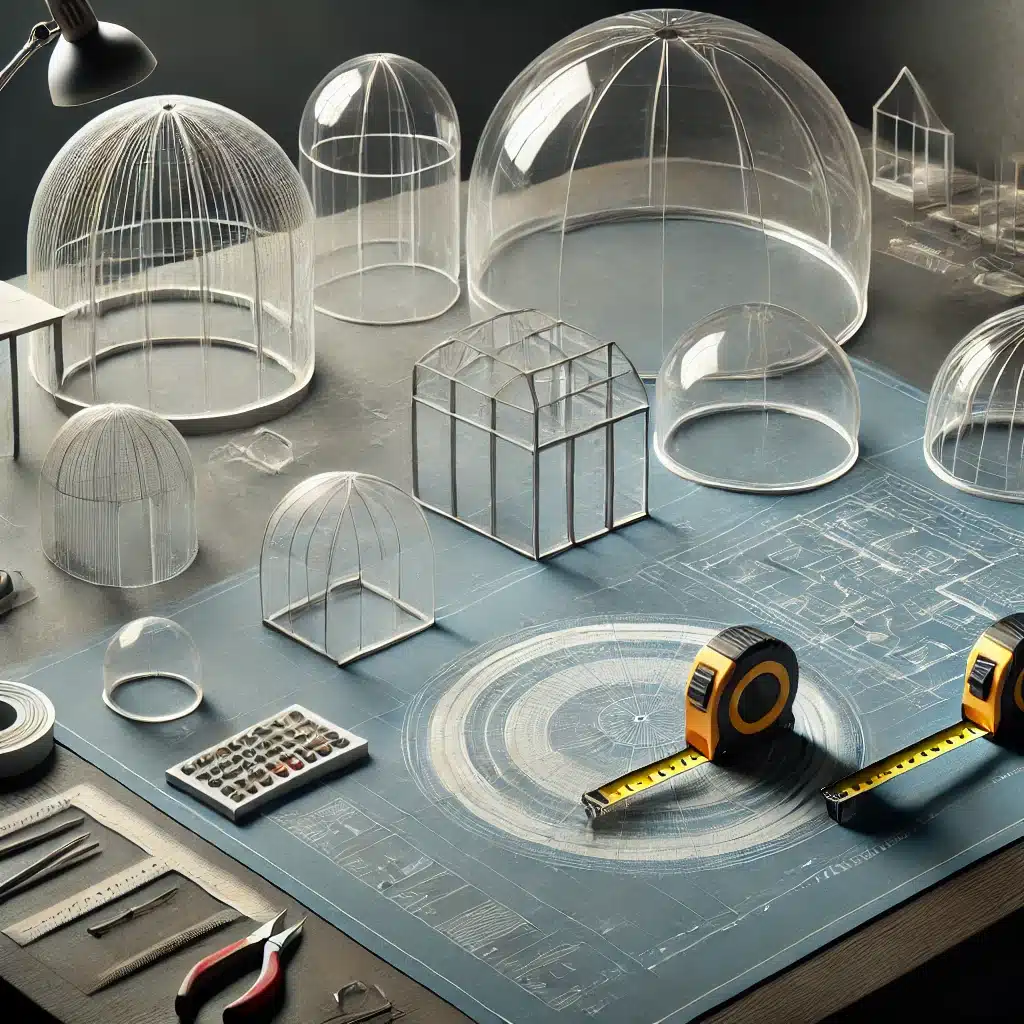Mesa de trabajo con planos de techos acrílico, herramientas de medición y modelos. Cubierta de exposición en terraza o entornos | Acrilfrasa