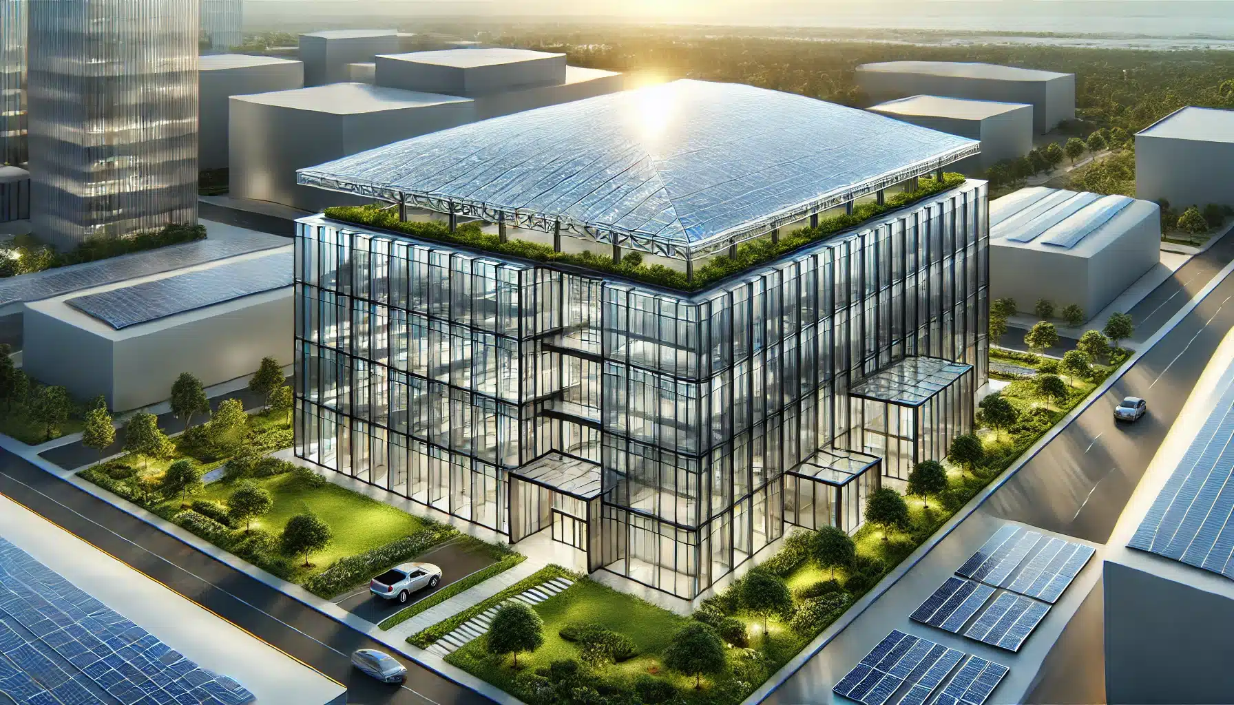 Edificio moderno con techo de policarbonato y elementos sostenibles | Acrilfrasa