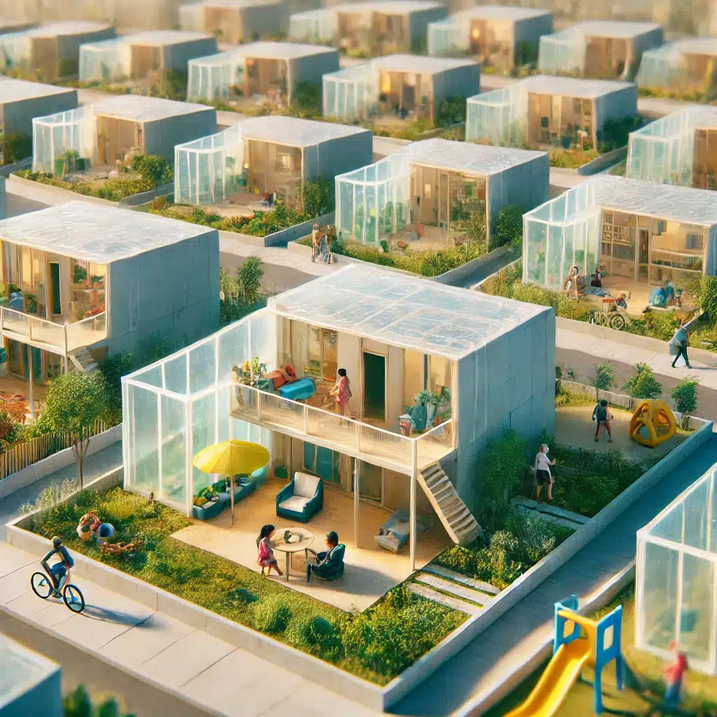 Proyecto de vivienda sostenible en México con láminas de reciclado, familias felices | Acrilfrasa