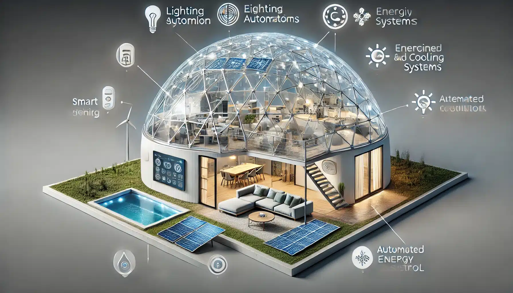 Domo inteligente con automatización de luz y temperatura para ahorro energético. Edificio con iluminación y espacio | Acrilfrasa.
