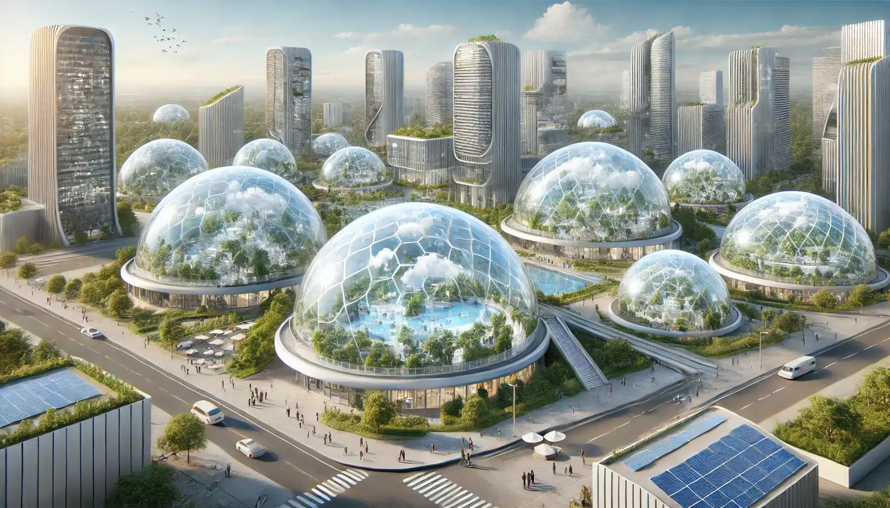 Futurista ciudad con edificios que tienen domo acrílico innovadores y sostenibles | Acrilfrasa