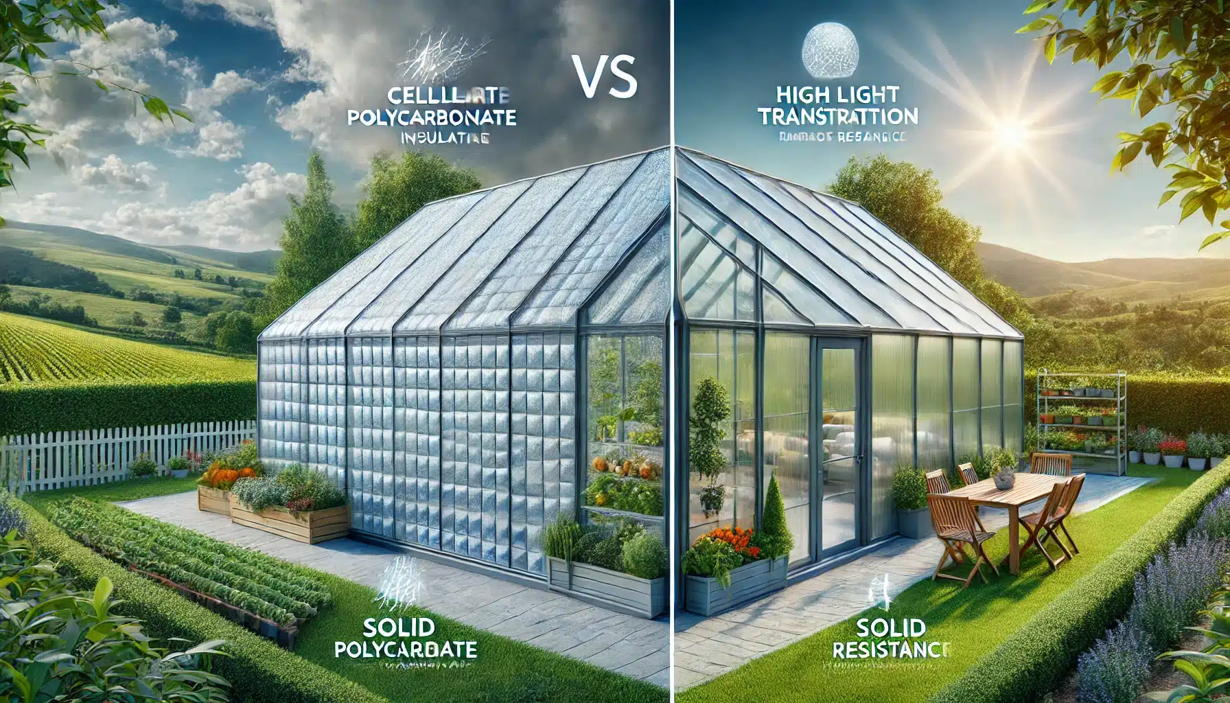 Dos invernadero con policarbonato celular y sólido, mostrando sus beneficios. Experiencias de fachada a través de opciones de aplicaciones | Acrilfrasa.
