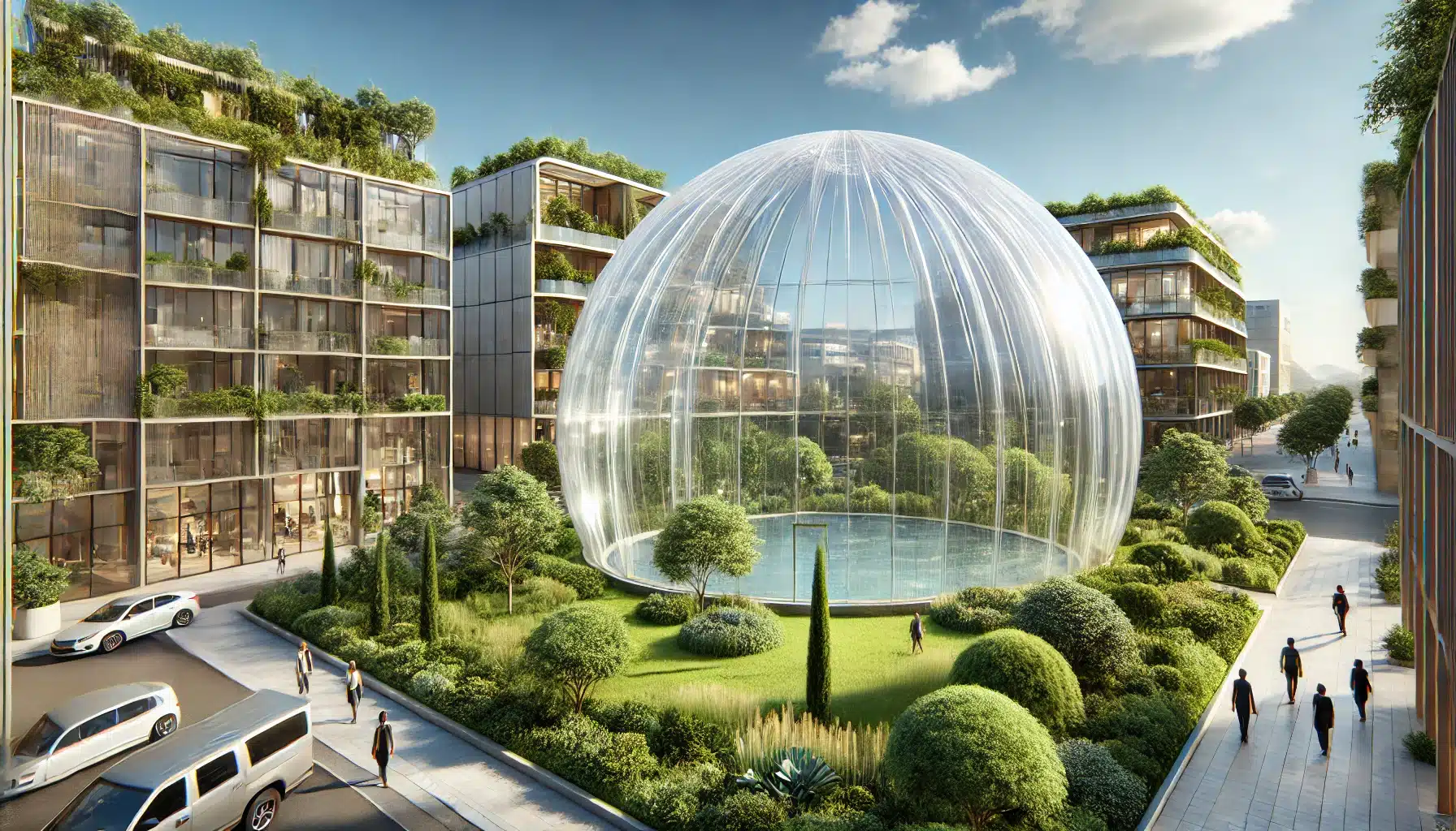 Edificio moderno con gran cúpula acrílica rodeada de vegetación y cielo azul. Luz solar termoformado en láminas | Acrilfrasa