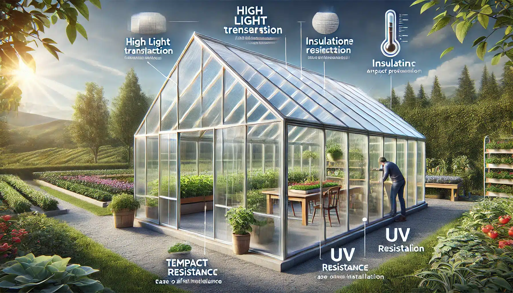 Invernadero de lámina de policarbonato con plantas saludables y jardinero trabajando. Plástico en edificios de protección y transparencia. | Acrilfrasa.