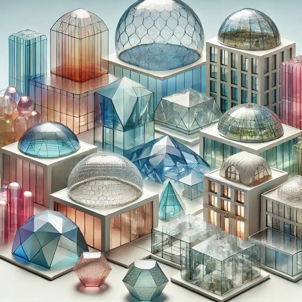 Edificios con techos de acrílico de formas geométricas y colores vibrantes y texturas. | Acrilfrasa