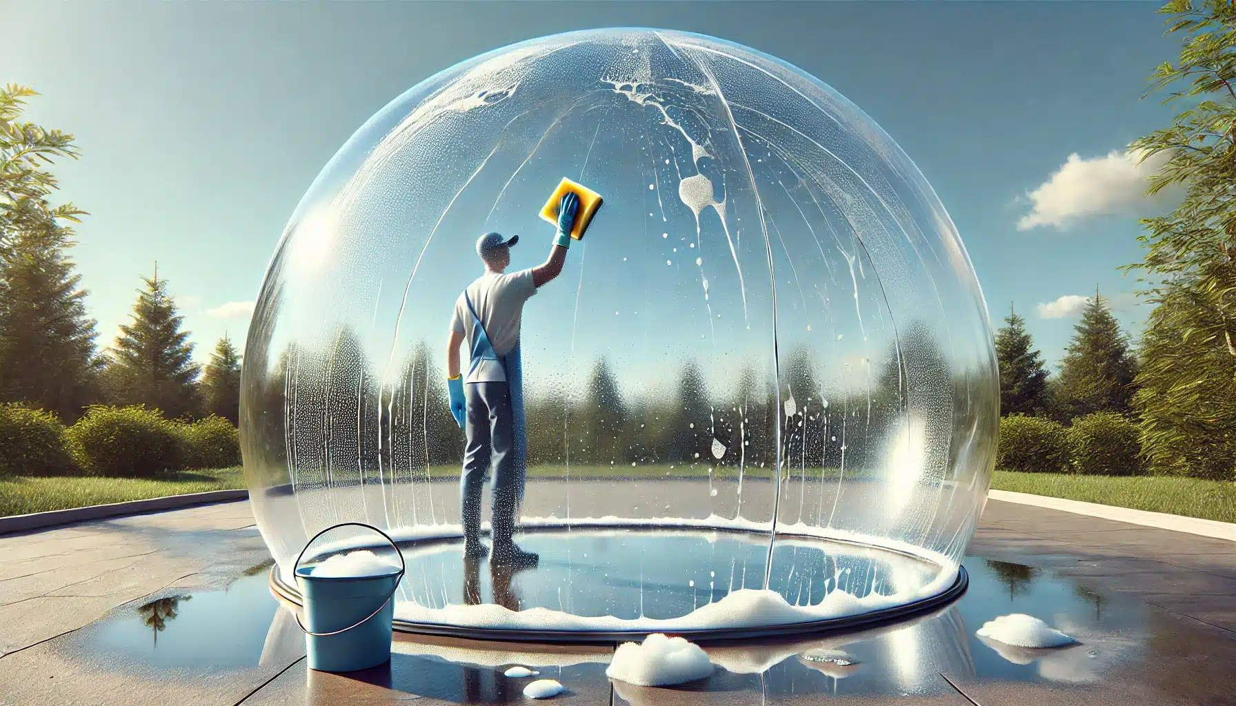 Persona limpiando un domo acrílico con esponja y agua jabonosa al aire libre. Tecnología de poliestireno, aplicación de industria de plástico | Acrilfrasa