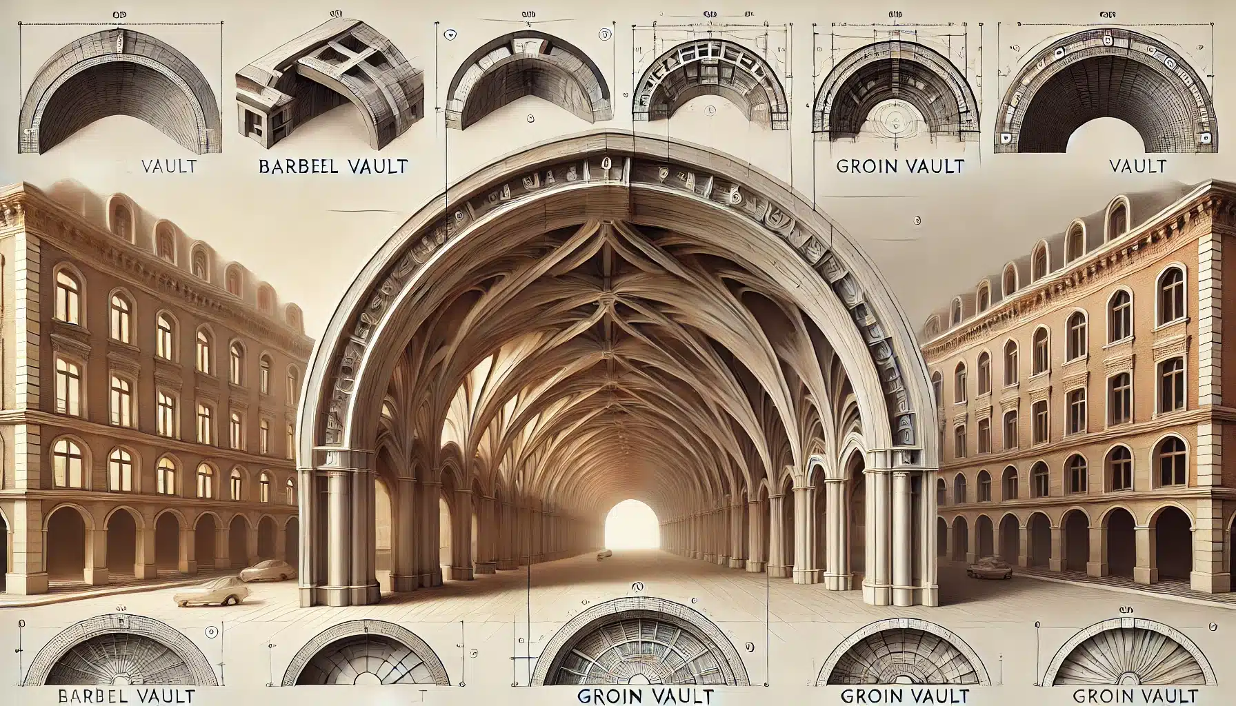 Bóveda de cañón y de arista mostrando sus características estructurales. Elemento de caso de mano de obra. | Acrilfrasa