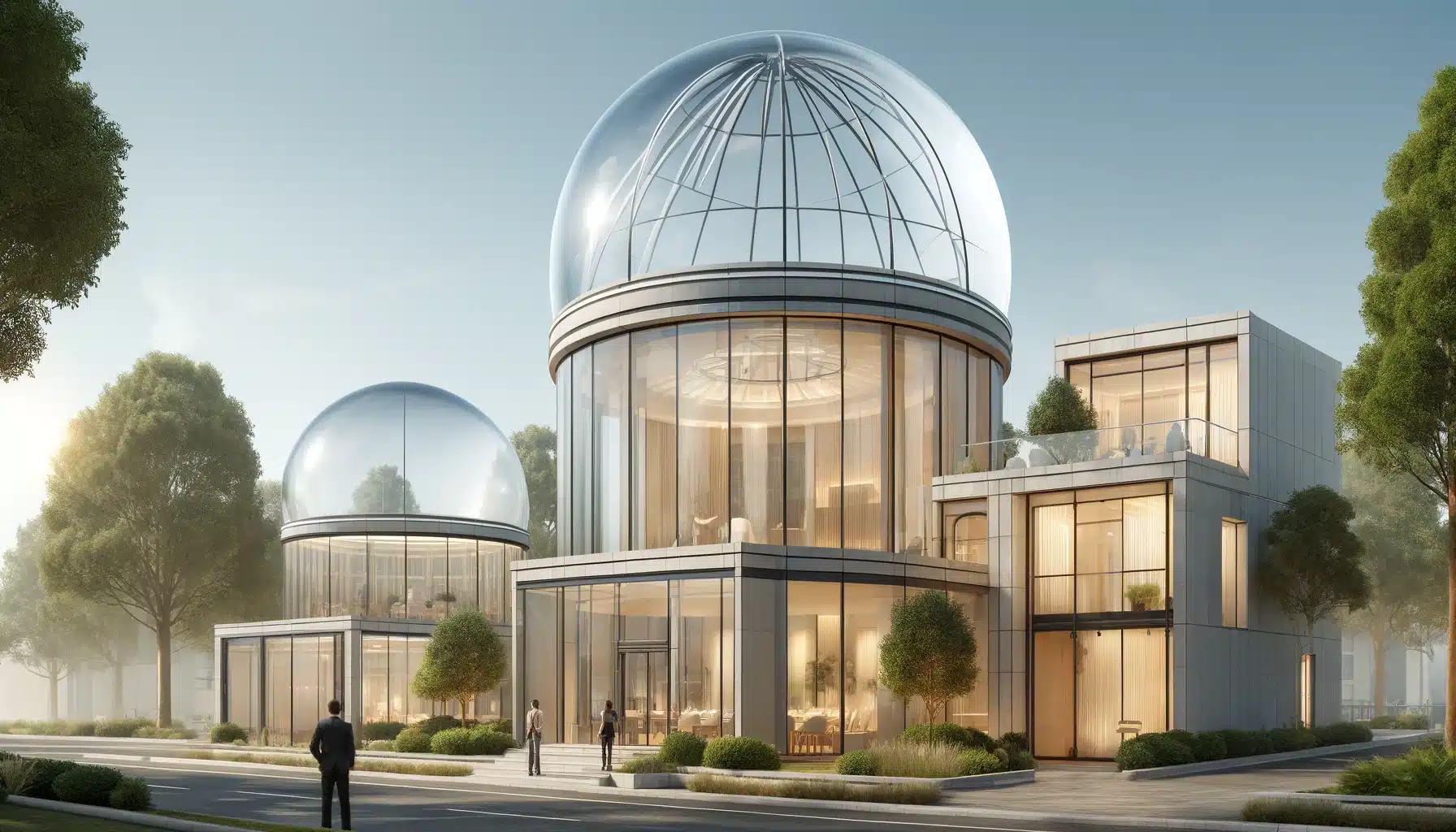 Edificios con domo acrílico semiesféricos y cilíndricos en entornos modernos. Servicio de naves industriales para el proceso de construcción. | Acrilfrasa