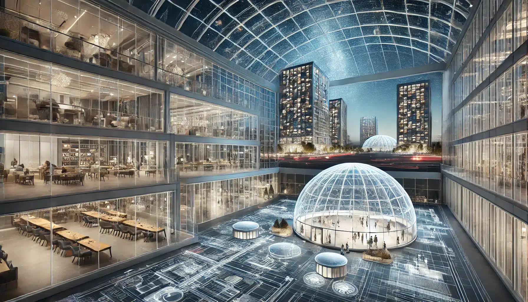 Proyecto arquitectónico con domos acrílicos en centro comercial y edificio residencial. Láminas de acrílico y policarbonato para luz solar en empresa | Acrilfrasa