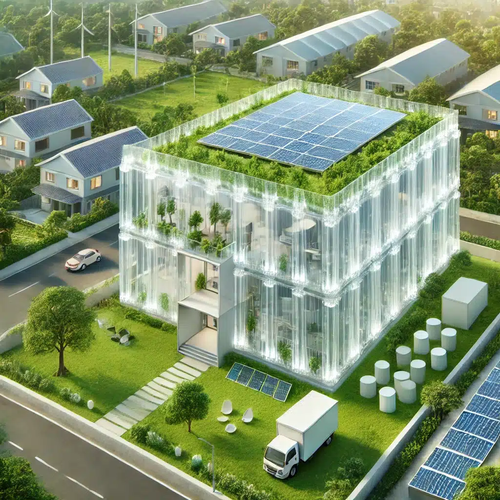 Edificio ecológico con paneles plásticos, áreas verdes y paneles solares. Solución de problema de basura en océano, con cuidado de productos en las aplicaciones | Acrilfrasa