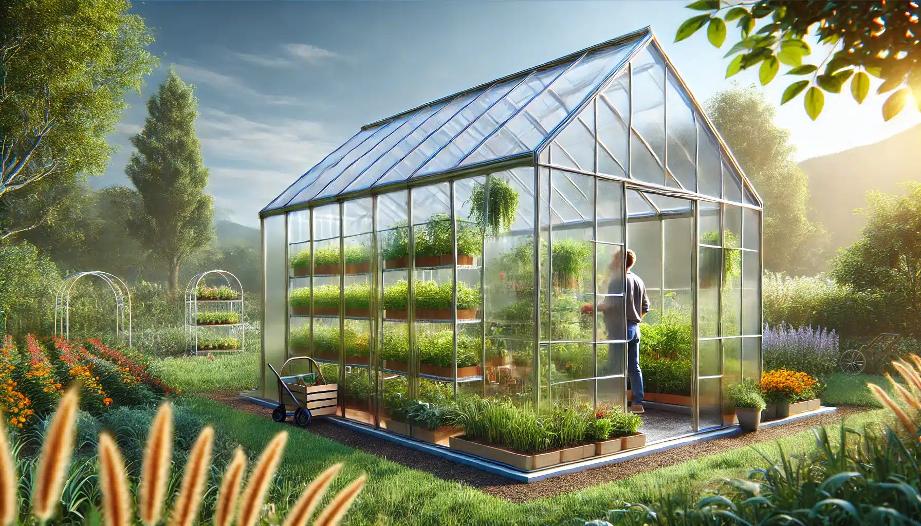 Invernadero de policarbonato en un jardín con plantas verdes y persona cuidándolas. Proyectos de láminas para instalación de producto | Acrilfrasa.