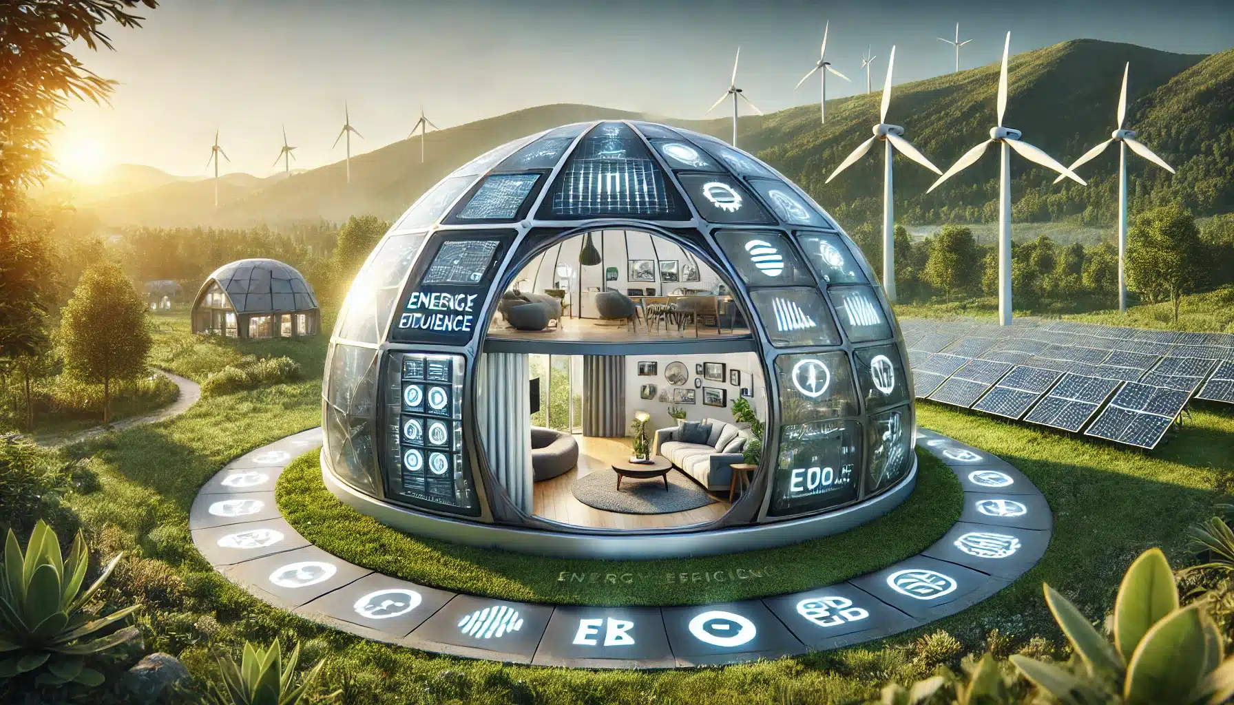 Domo futurista con tecnología inteligente y energía renovable para eficiencia de energía | Acrilfrasa.